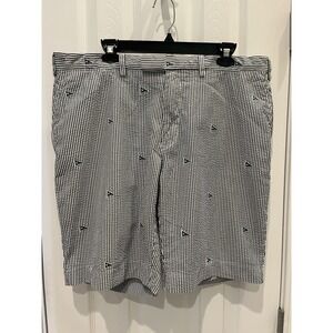 Polo Ralph Lauren Seersucker Shorts Mens 38 Gray Stripped Chino Flag AOP Vintage